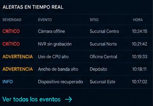 Panel de alertas en tiempo real con eventos críticos y advertencias por sitio