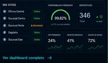 Tablero con disponibilidad promedio, dispositivos y métricas por sitio